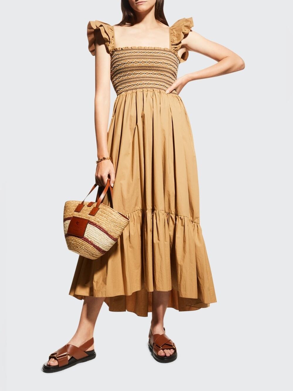 CARA CARA Ruby Square-Neck Midi Dress Medium Khaki Mix Smocked